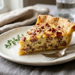 Slice of quiche lorraine with golden pastry and creamy filling on a white plate