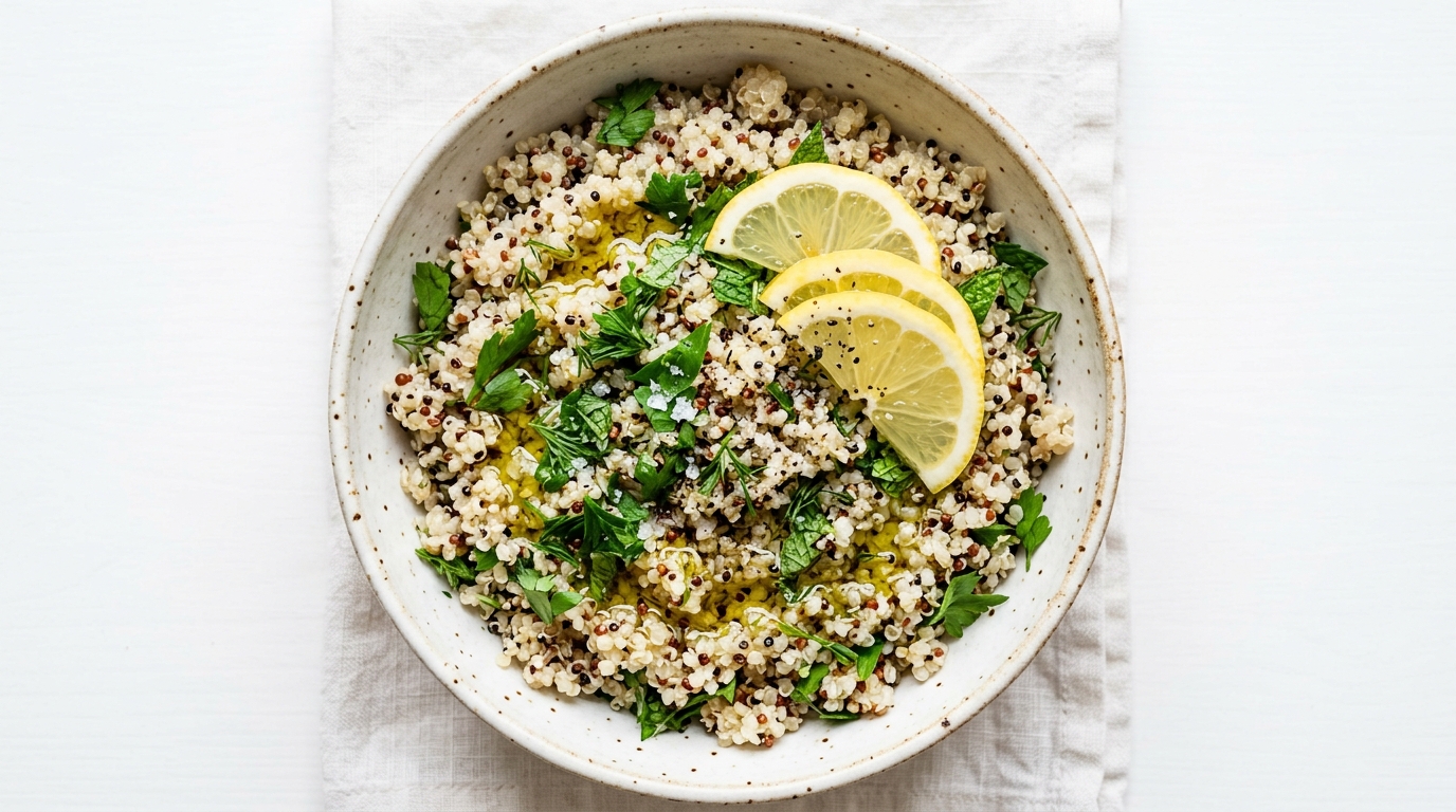 Bowl of fluffy quinoa with fresh herbs and lemon slices, overhead shot