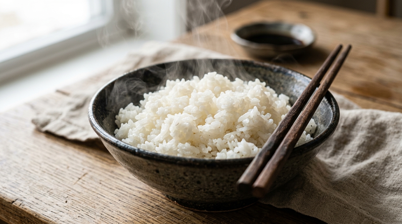 Steaming fluffy white rice in a ceramic bowl with chopsticks
