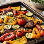 Colorful roasted vegetables on a baking tray with caramelized edges and fresh thyme