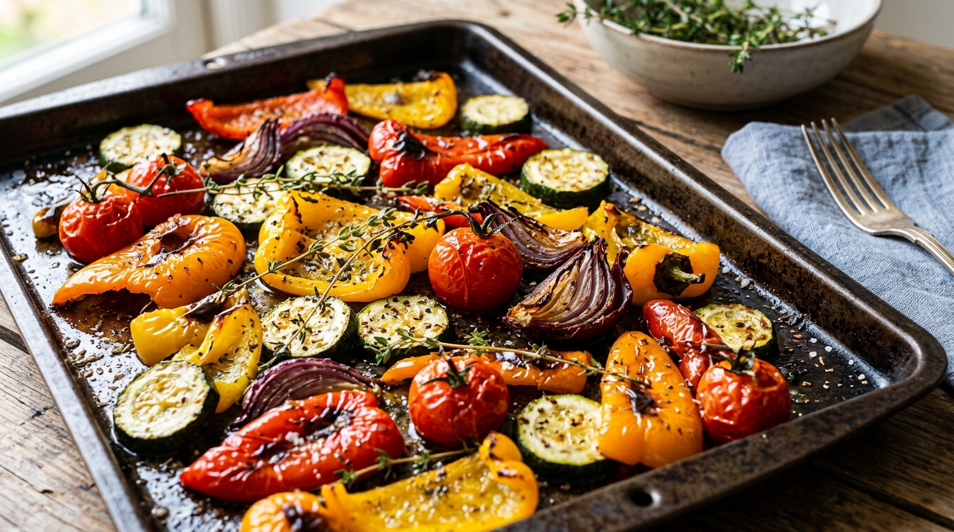 Colorful roasted vegetables on a baking tray with caramelized edges and fresh thyme