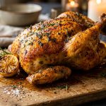 Whole golden rotisserie chicken with crispy skin on a wooden carving board with herbs and lemon
