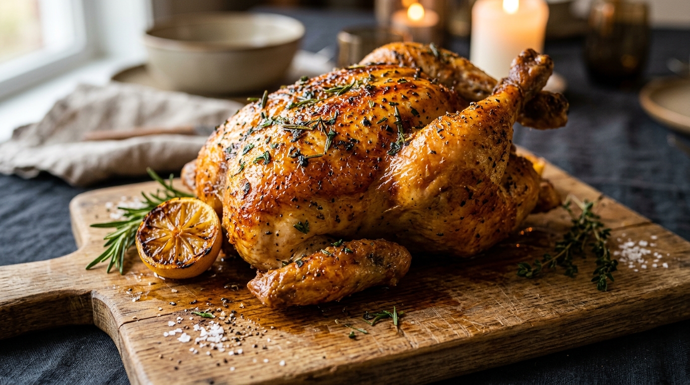 Whole golden rotisserie chicken with crispy skin on a wooden carving board with herbs and lemon