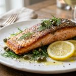 Perfectly cooked salmon fillet with crispy skin, lemon, dill and capers