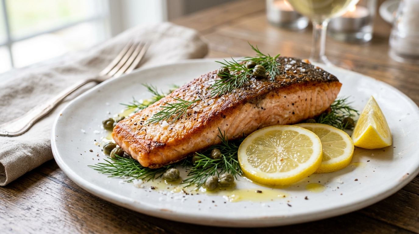 Perfectly cooked salmon fillet with crispy skin, lemon, dill and capers