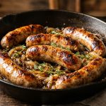 Golden pan-fried pork sausages with caramelized onions and fresh thyme in a cast iron skillet