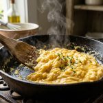 Creamy scrambled eggs being reheated in a cast iron skillet