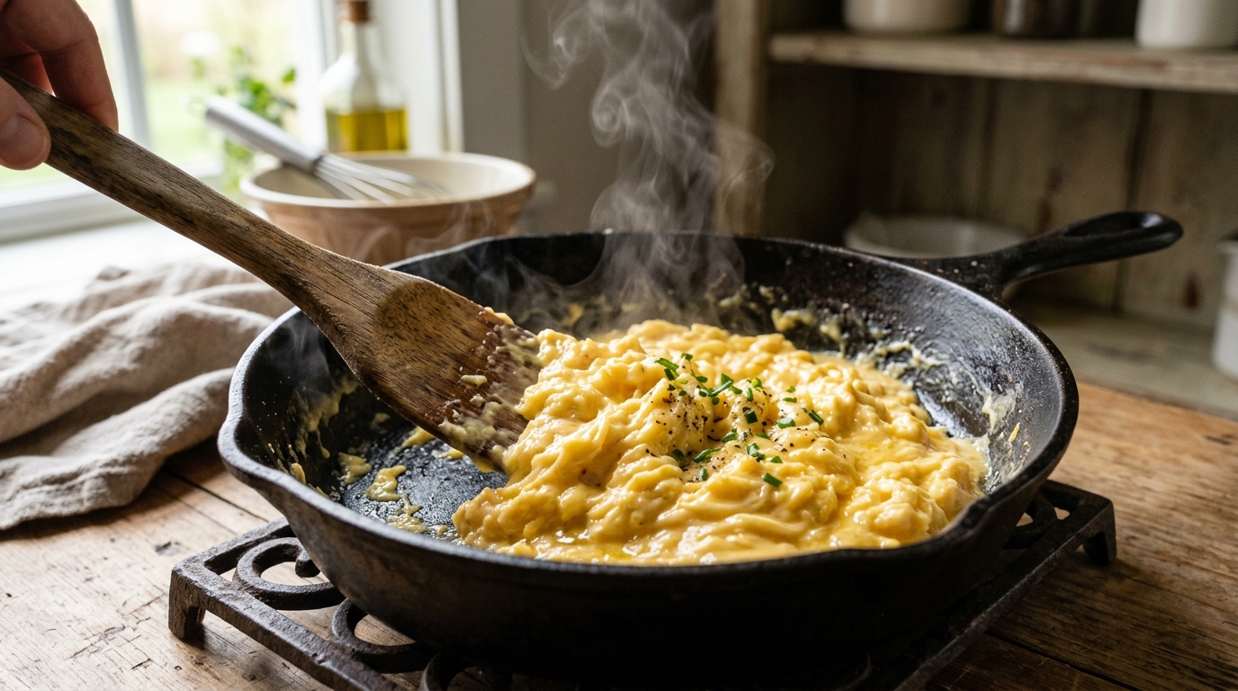 Creamy scrambled eggs being reheated in a cast iron skillet