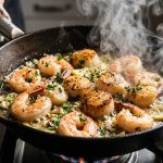 Shrimp and scallops sizzling in a pan with herbs and lemon
