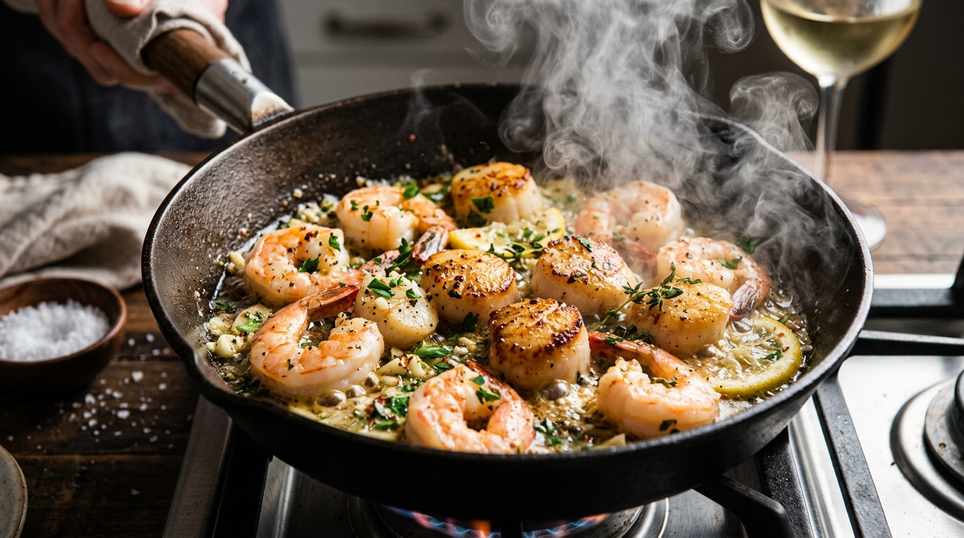 Shrimp and scallops sizzling in a pan with herbs and lemon