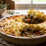 Golden shepherd's pie in a ceramic dish with crispy mashed potato top and a spoonful revealing the lamb filling