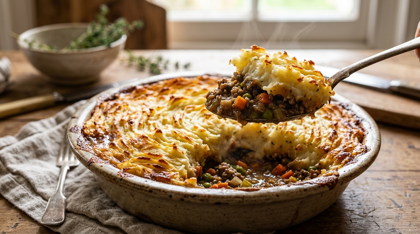 Golden shepherd's pie in a ceramic dish with crispy mashed potato top and a spoonful revealing the lamb filling