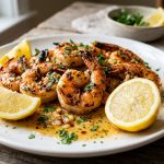 Plump grilled shrimp on a white plate with garlic butter sauce, lemon wedges and parsley