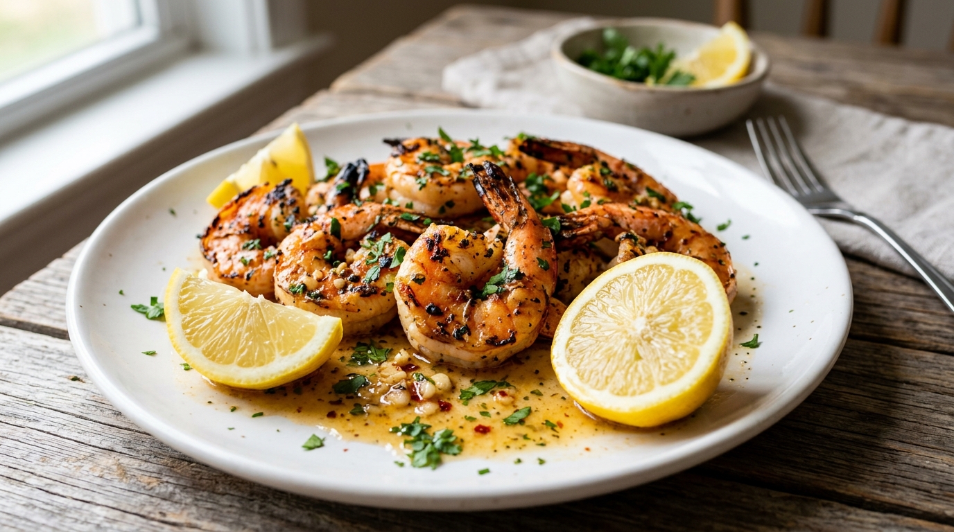 Plump grilled shrimp on a white plate with garlic butter sauce, lemon wedges and parsley