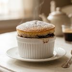 Risen chocolate soufflé in a white ramekin with powdered sugar on an elegant white table