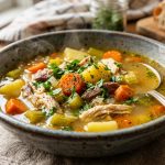 Steaming bowl of homemade chicken vegetable soup with golden broth, carrots, celery and parsley