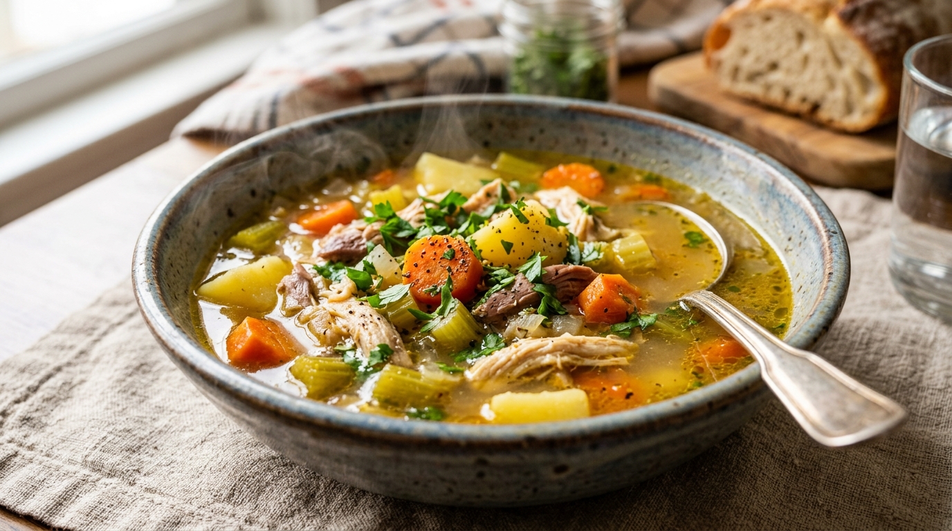Steaming bowl of homemade chicken vegetable soup with golden broth, carrots, celery and parsley