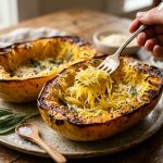 Roasted spaghetti squash halves with strands being separated by a fork with sage and parmesan