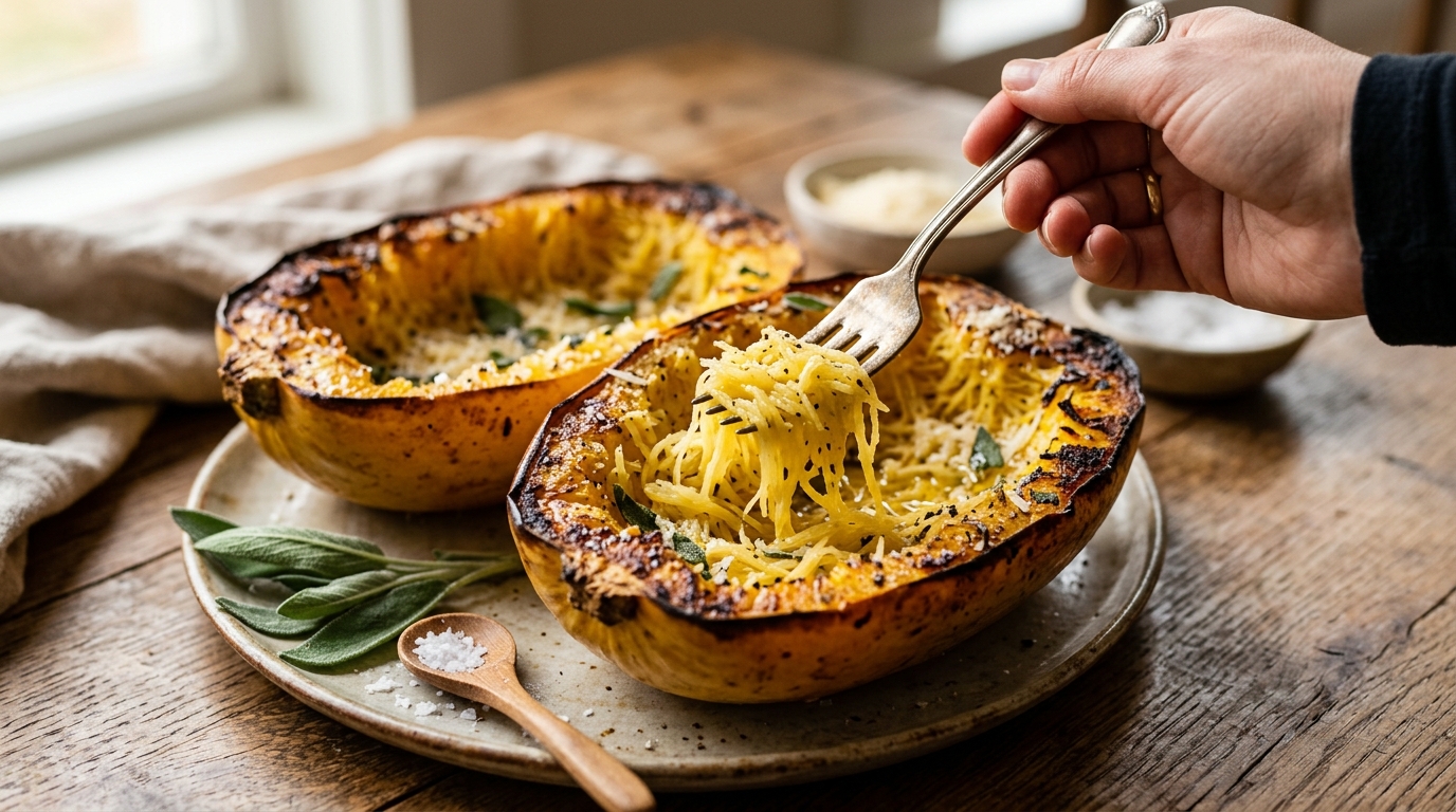 Roasted spaghetti squash halves with strands being separated by a fork with sage and parmesan