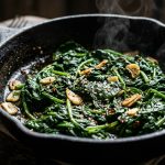 Sauteed spinach with garlic in a cast iron pan with steam rising