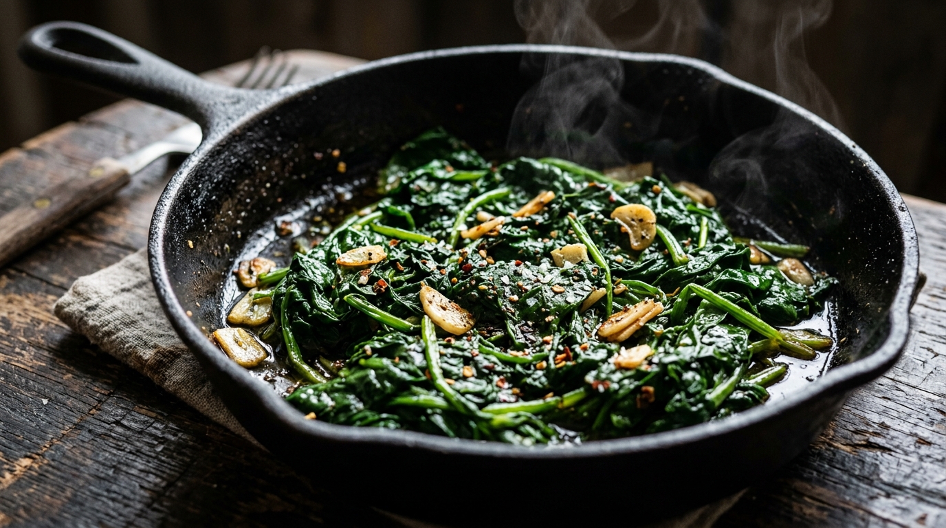 Sauteed spinach with garlic in a cast iron pan with steam rising