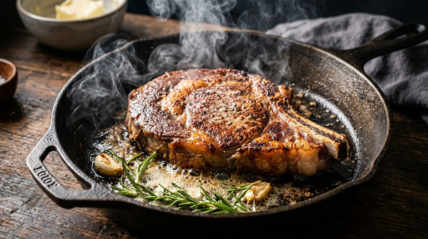 Thick ribeye steak searing in a cast iron skillet with rosemary and butter