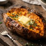 Steaming roasted sweet potato with melted butter