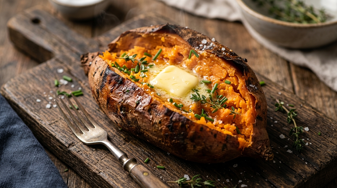 Steaming roasted sweet potato with melted butter