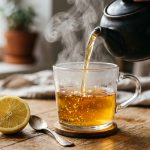 Hot tea being poured from a teapot into a glass mug with lemon
