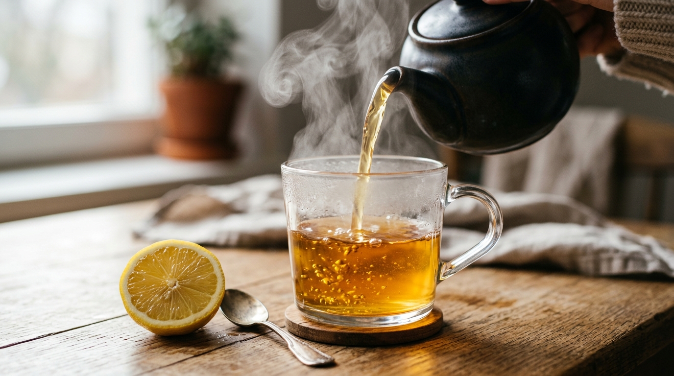 Hot tea being poured from a teapot into a glass mug with lemon