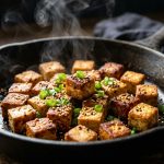 Golden crispy tofu cubes in a cast iron skillet with sesame seeds and spring onion
