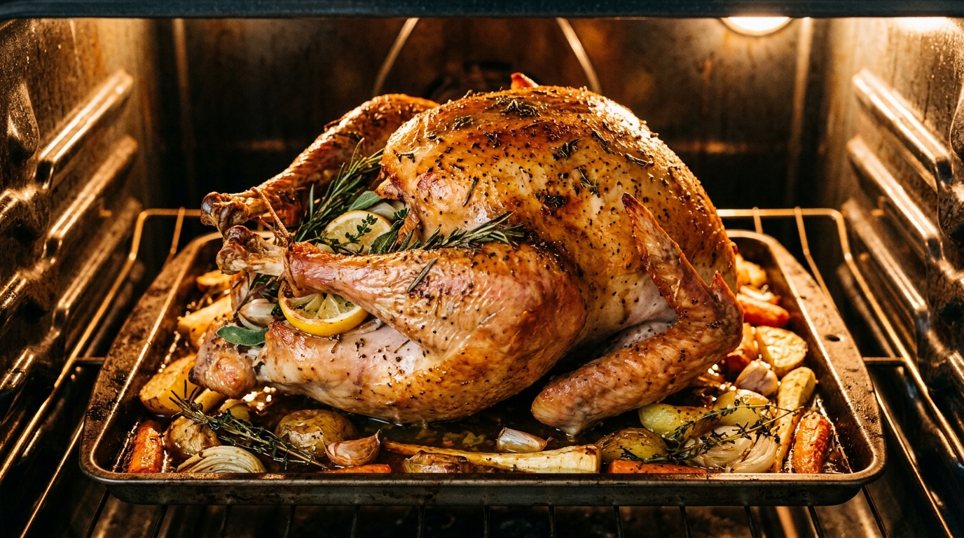 Golden roasted turkey with crispy skin in the oven surrounded by <a href=