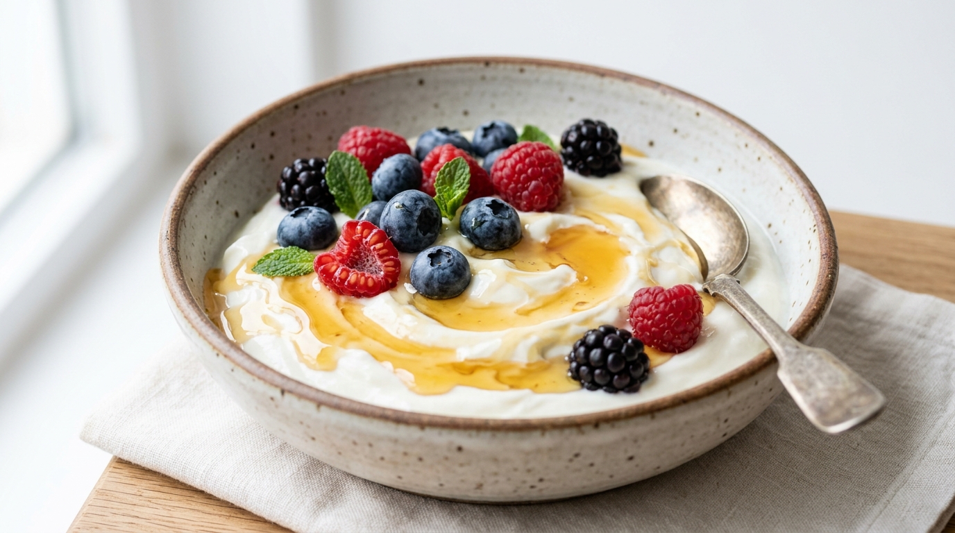 Creamy yoghurt in a ceramic bowl with honey drizzle and fresh berries